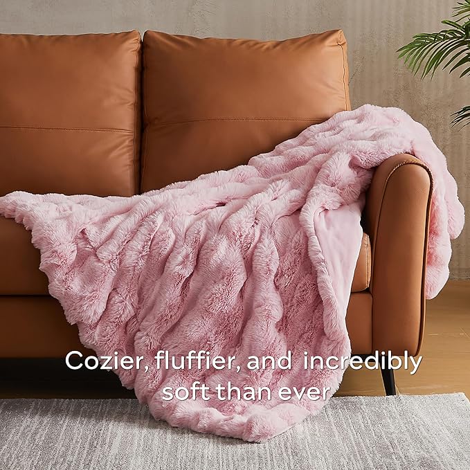 JELLYMONI Faux Fur Throw Blanket, Pink Fuzzy Cozy Plush Bubble Bed Blanket, Thick and Warm King Size (108" x 90")