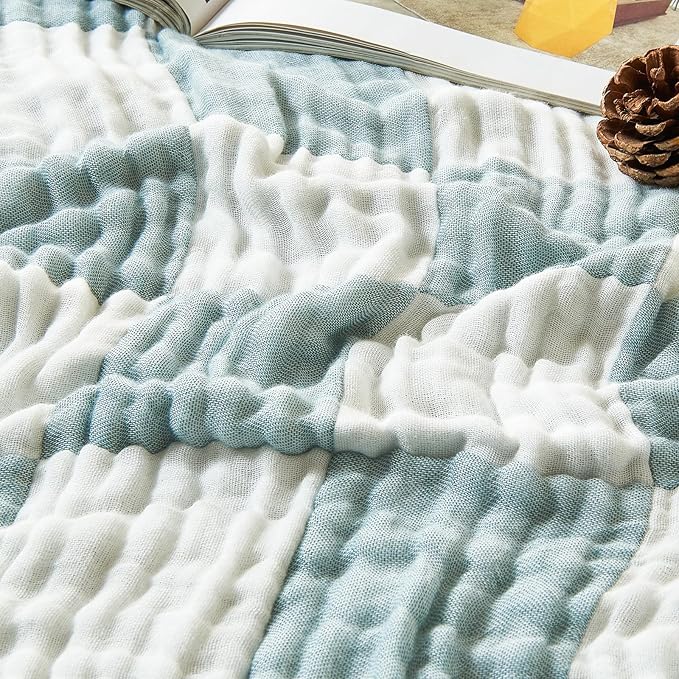 EMME Checkered Throw Blanket Cotton for Couch Soft Muslin Bamboo Blankets 50"x60" Lightweight Breathable Soft Blanket All Season Gauze, Teal