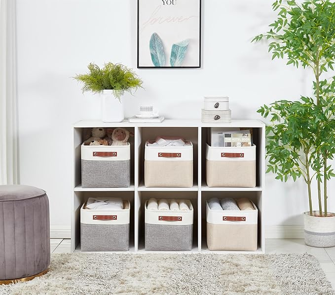 DECOMOMO Storage Bins Fabric Storage Baskets for Shelves, Linen Closet Organization Toys Nursery (Beige and White, Large - 1 Pack)