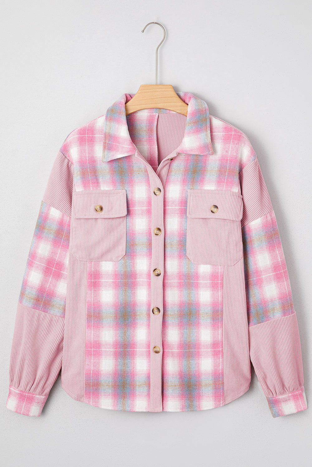 Pink Brushed Plaid Corduroy Flap Pockets Patchwork Shacket