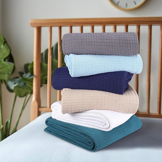 Elvana Home 100% Cotton Bed Blanket, Breathable Bed Blanket Twin Size, Cotton Thermal Blankets Twin, Perfect for Layering Any Bed for All Season, Light Blue