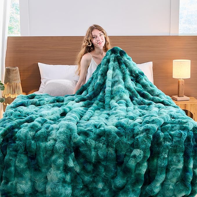 Lotus Karen Faux Fur Throw Blanket Tie-Dye Green - Big Bubble Rabbit Fluff Blanket for Couch, Large Fluffy Fuzzy Cozy Blanket,Thick Furry Plush Shaggy Blankets,90x90 Inches