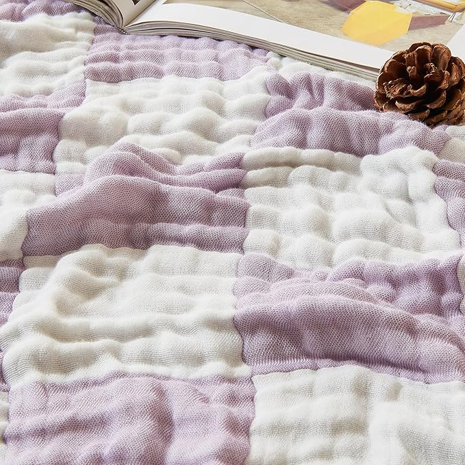 EMME Checkered Throw Blanket Cotton for Couch Soft Muslin Blankets 50"x60" Lightweight Breathable Cooling Soft All Season Gauze, Lavender