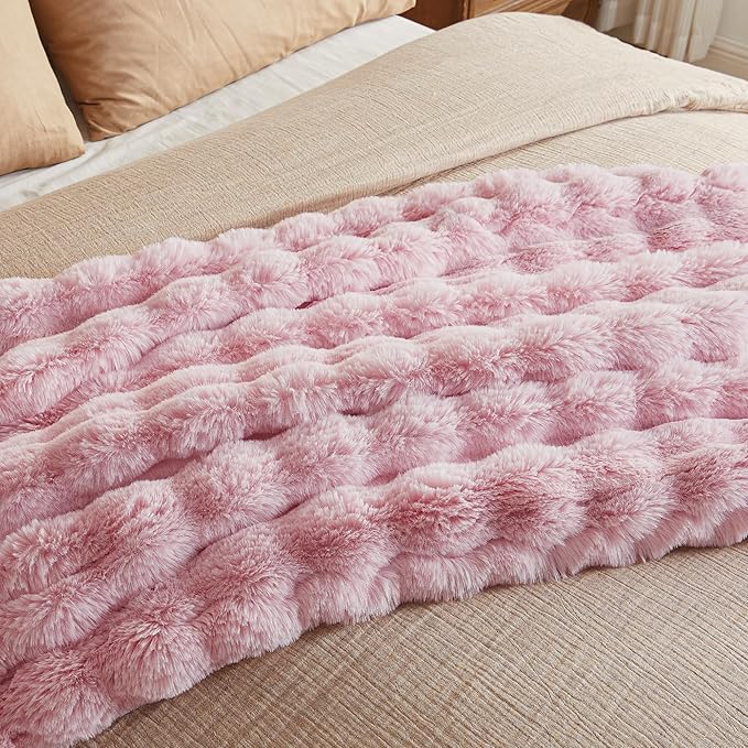 JELLYMONI Faux Fur Throw Blanket, Pink Fuzzy Cozy Plush Bubble Bed Blanket, Thick and Warm King Size (108" x 90")