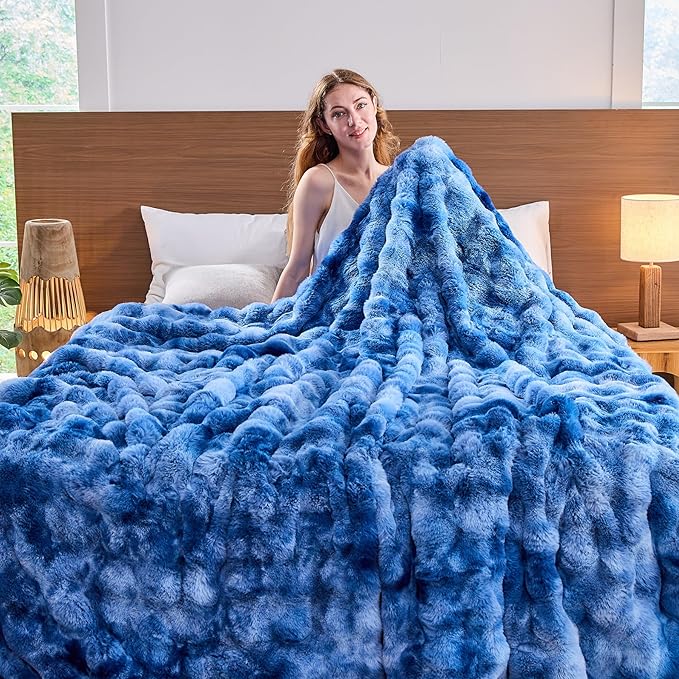 Lotus Karen Faux Fur Throw Blanket Tie-Dye Blue-Big Bubble Rabbit Fluff Blanket for Couch,Small Fluffy Fuzzy Cozy Blanket,Thick Furry Plush Shaggy Blankets,50x60 Inches