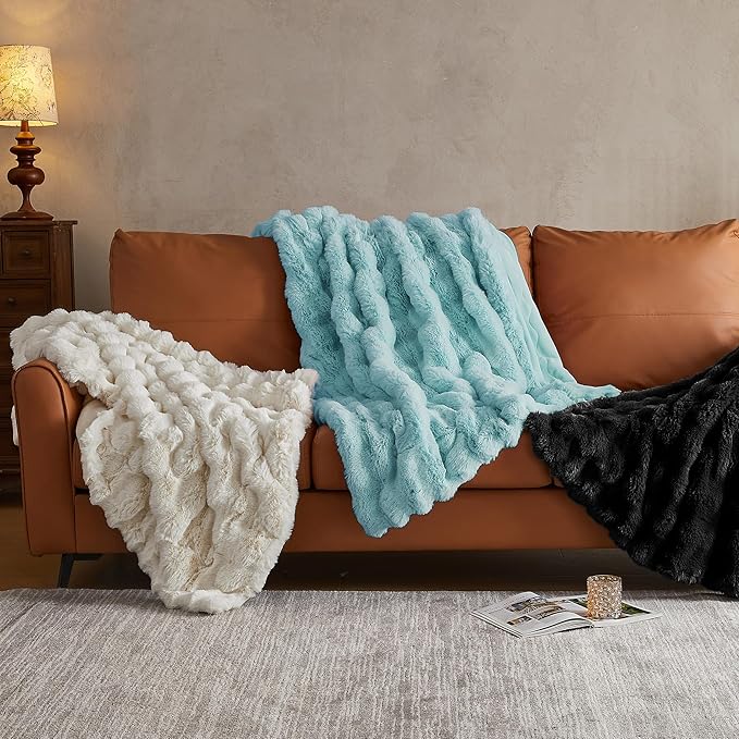 JELLYMONI Faux Fur Throw Blanket, Blue Fuzzy Cozy Plush Bubble Bed Throw, Thick and Warm (50" X 60")