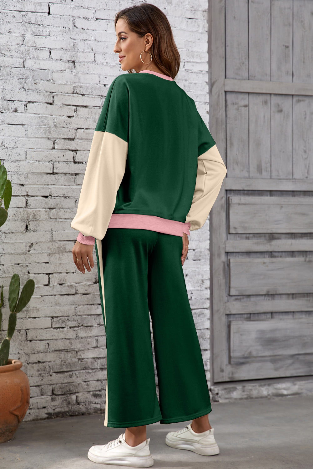 Rose Red 2pcs Color Block Pullover Loose Pant Set