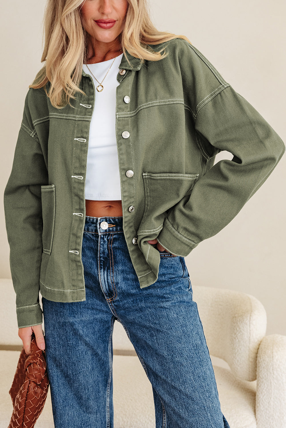 Smoke Green Patched Pocket Collared Button Front Boyfriend Denim Jacket
