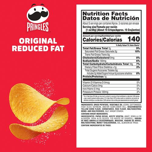 Pringles Potato Crisps Chips, Lunch Snacks, On-The-Go Snacks, Reduced Fat, 4.9Oz Can (1 Can)