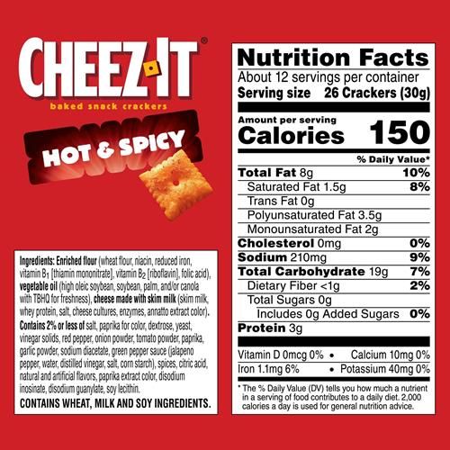 Cheez-It Cheese Crackers, Baked Snack Crackers, Lunch Snacks, Hot And Spicy, 12.4Oz Box (1 Box)