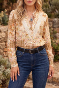 Brown Floral Lace Trim Button Down Long Sleeve Shirt