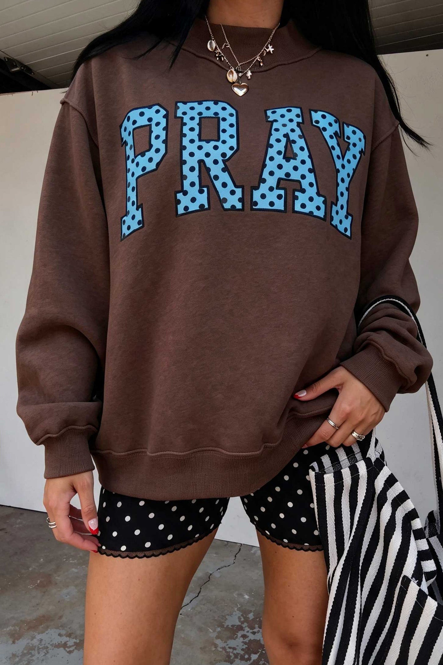 Gray PRAY Polka Dot Embroidered Mock Neck Sweatshirt