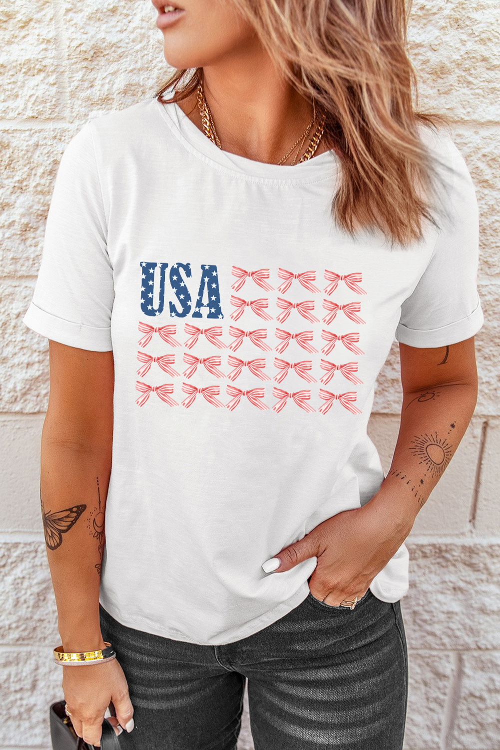 White USA Flag Bow Knot Print Round Neck T Shirt