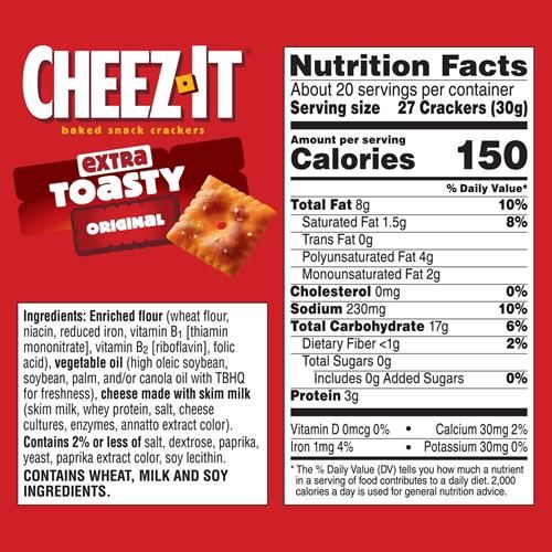 Cheez-It Cheese Crackers, Baked Snack Crackers, Lunch Snacks, Family Size, Extra Toasty, 21Oz Box (1 Box)