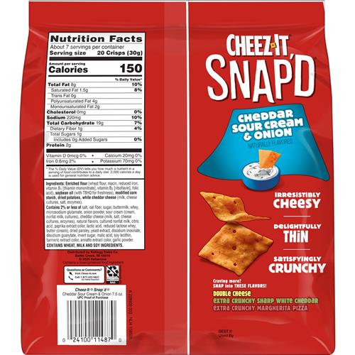 Cheez-It Snapd Cheese Cracker Chips, Thin Crisps, Lunch Snacks, Cheddar Sour Cream And Onion, 7.5Oz Bag (1 Bag)