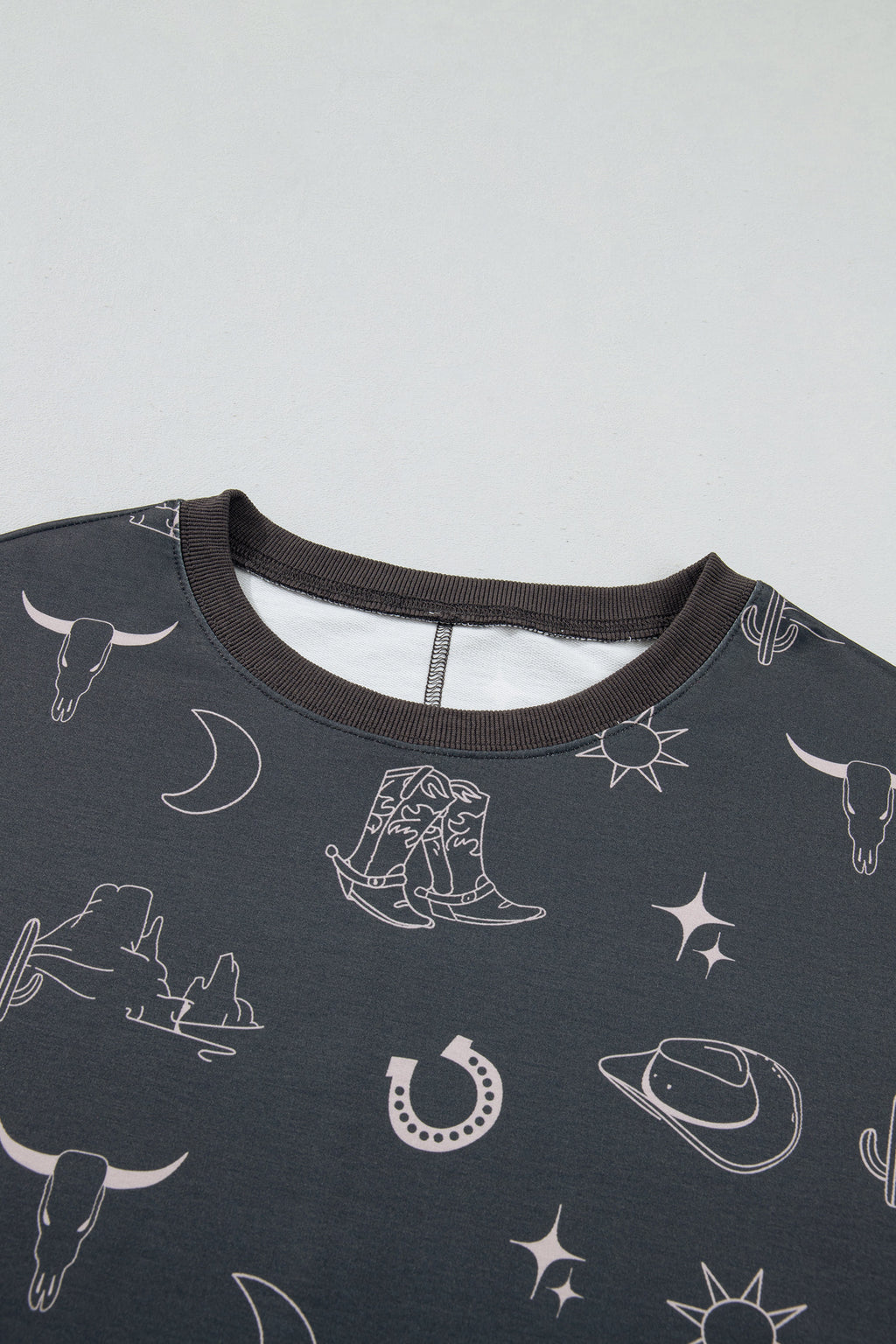 Gray Western Print Crew Neck Sweatshirt