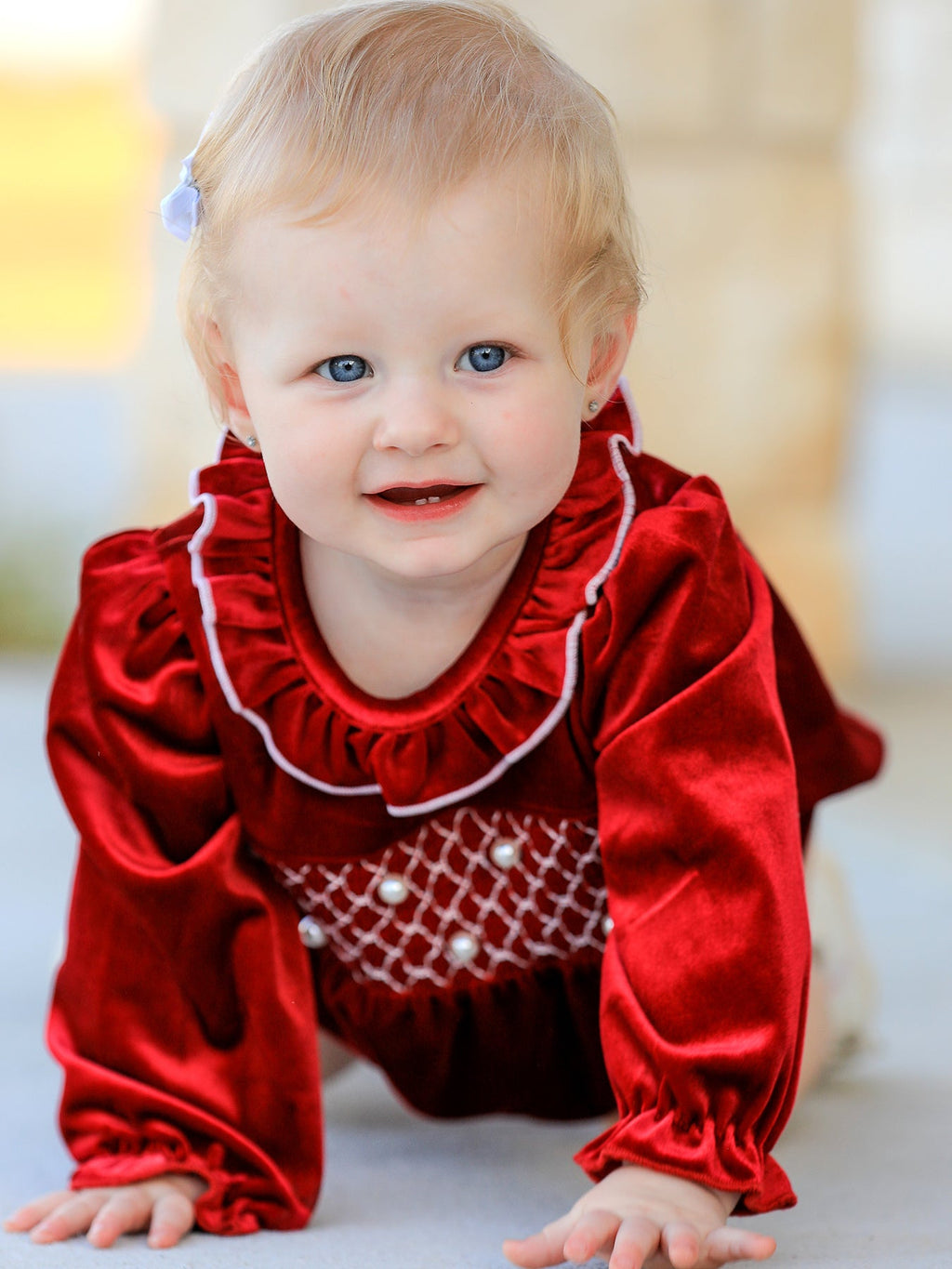 Christmas Velvet Smocked Baby Bubble Romper with Pearl Detail