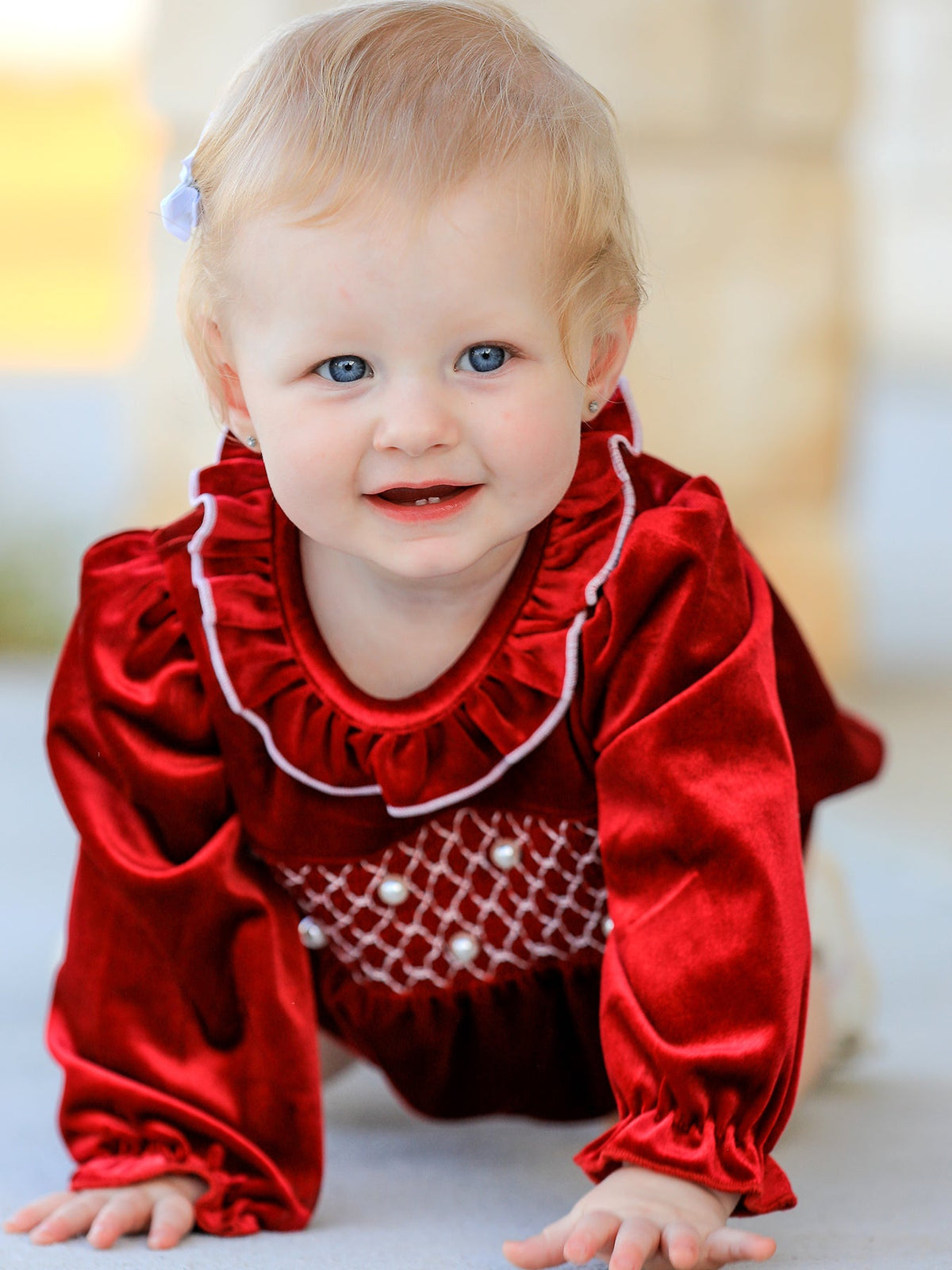 Christmas Velvet Smocked Baby Bubble Romper with Pearl Detail