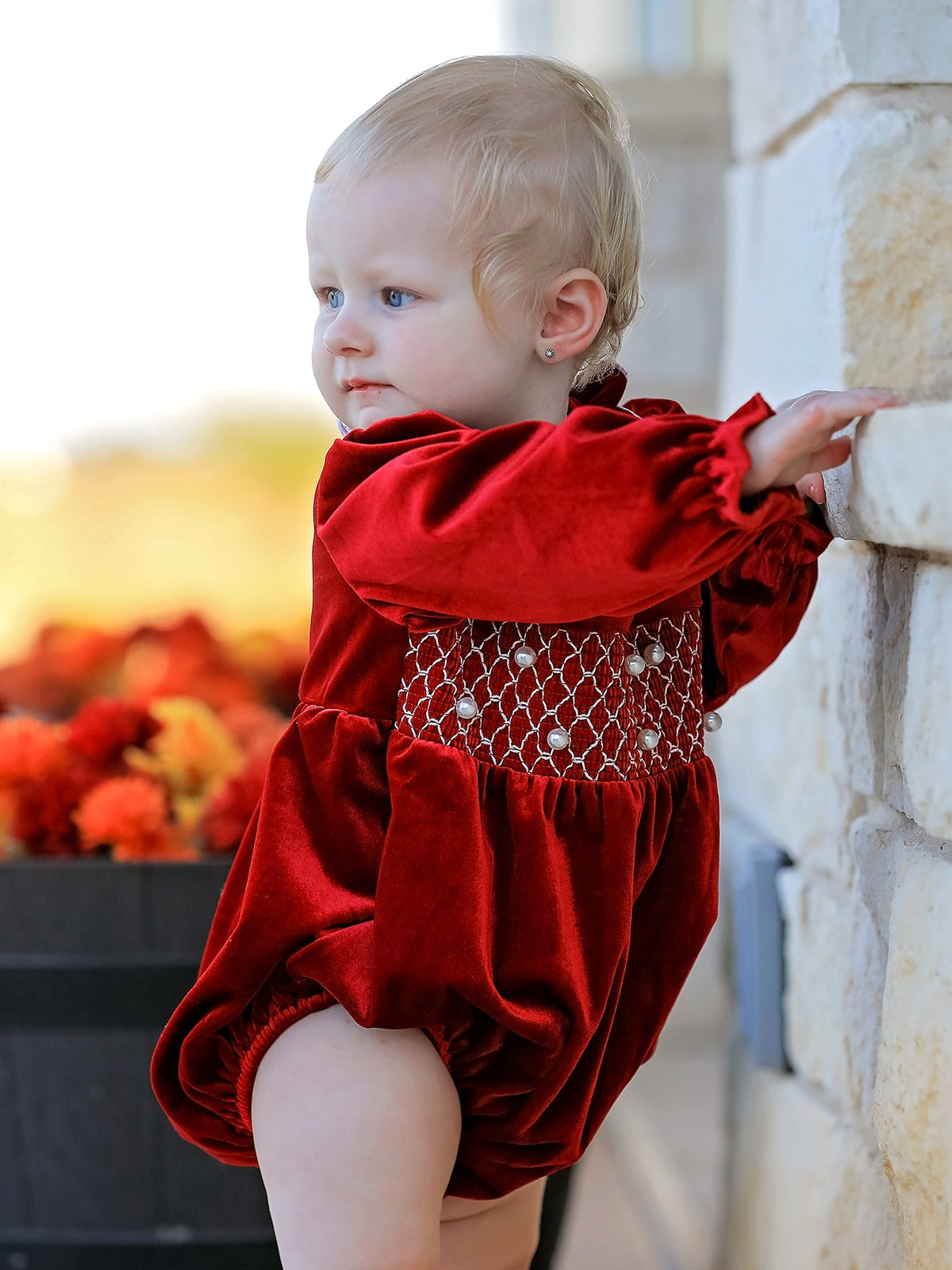 Christmas Velvet Smocked Baby Bubble Romper with Pearl Detail