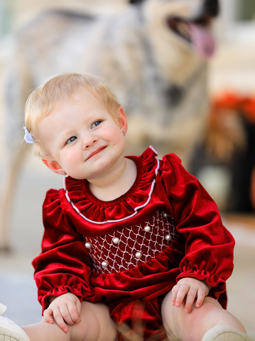 Christmas Velvet Smocked Baby Bubble Romper with Pearl Detail
