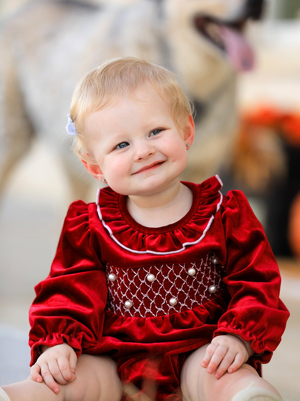 Christmas Velvet Smocked Baby Bubble Romper with Pearl Detail