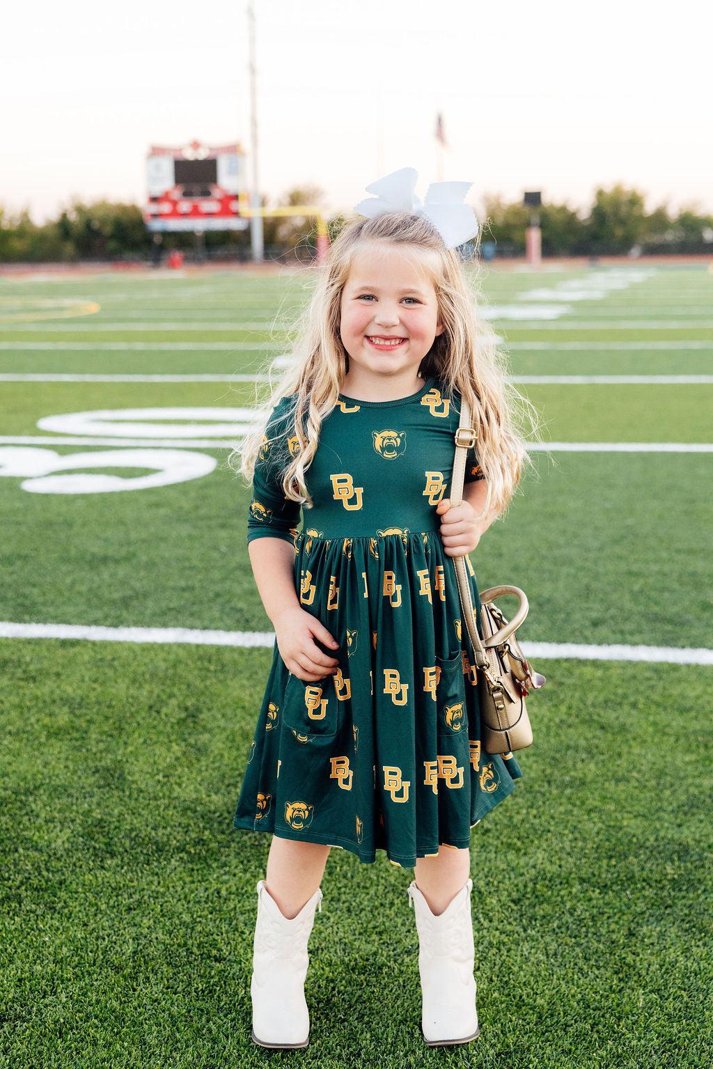 Baylor Green Bear 3/4 Sleeve Pocket Twirl Dress