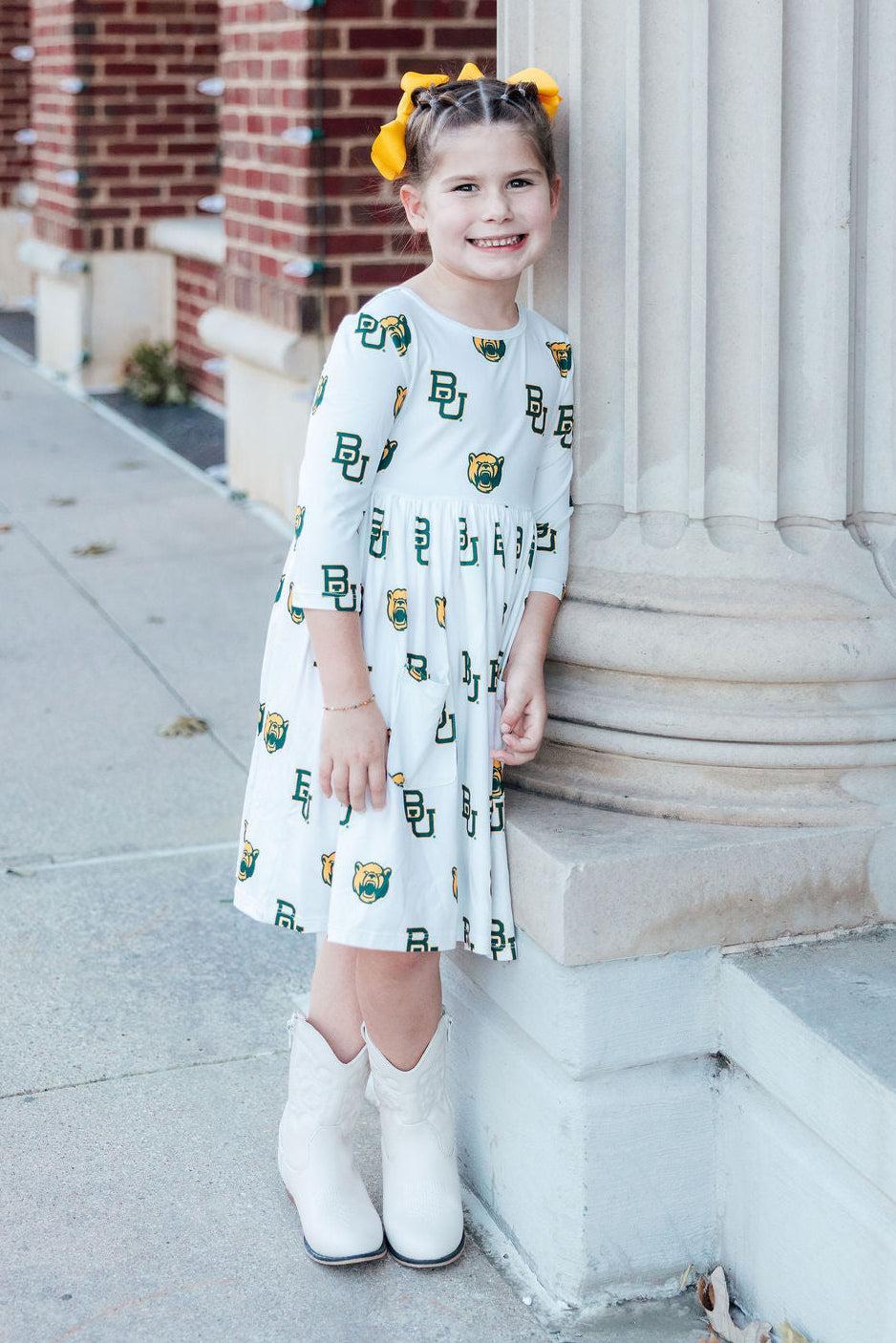 Baylor White Bear 3/4 Sleeve Pocket Twirl Dress