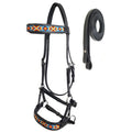 Tahoe Bitless Leather Horse Bridle - Turquoise Navajo Beaded Browband & Noseband with Split Reins, 1-Year Warranty