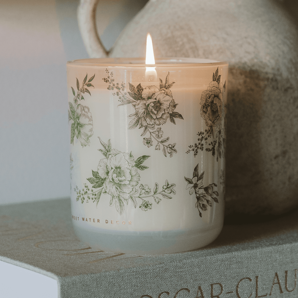 Green Floral Soy Candle - White Translucent Tinted Glass Jar - 12 oz (Lavender and Sage)