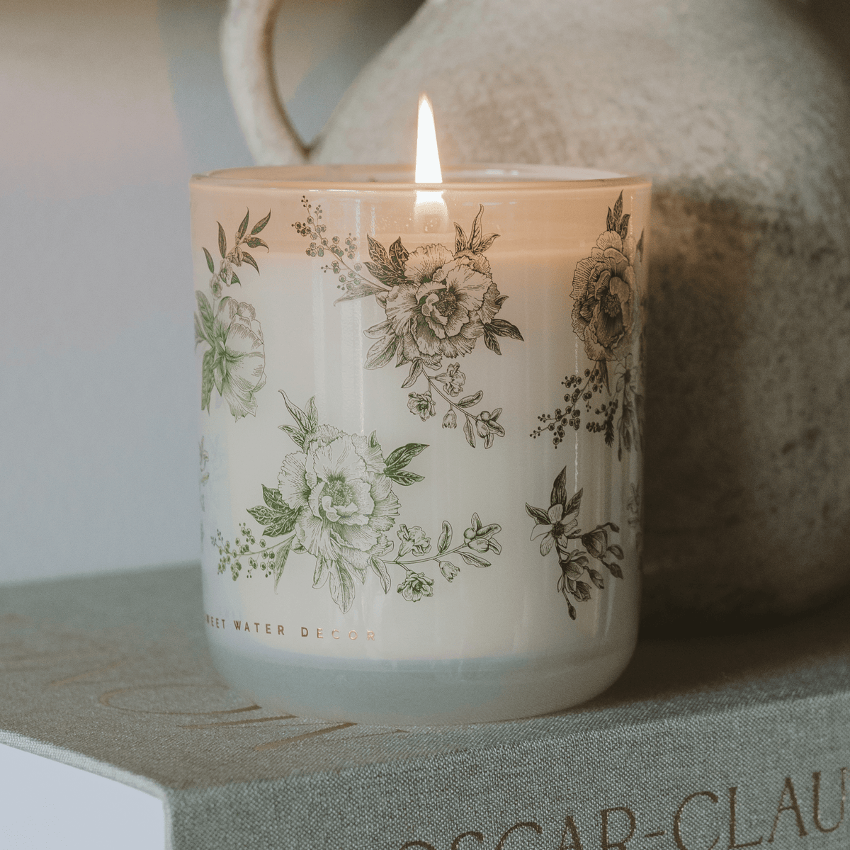Green Floral Soy Candle - White Translucent Tinted Glass Jar - 12 oz (Lavender and Sage)