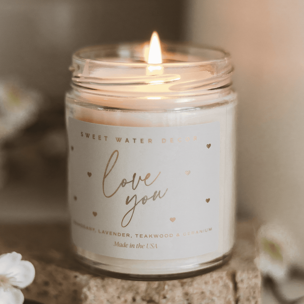 Love You Soy Candle Patterned - Clear Jar - 9 oz (Driftwood and Mahogany)