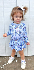 Blue Mischief (Ribbed): Long Sleeve Bodysuit Twirl Dress