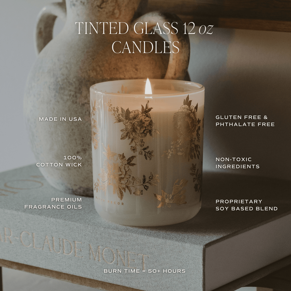 Gold Floral Soy Candle - White Translucent Tinted Glass Jar - 12 oz (Fresh Apple Blossom)