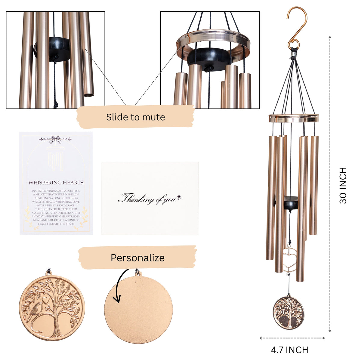 Memorial Wind Chime – Whispering Hearts™ Collection – Platinum Rose Personalized 30”