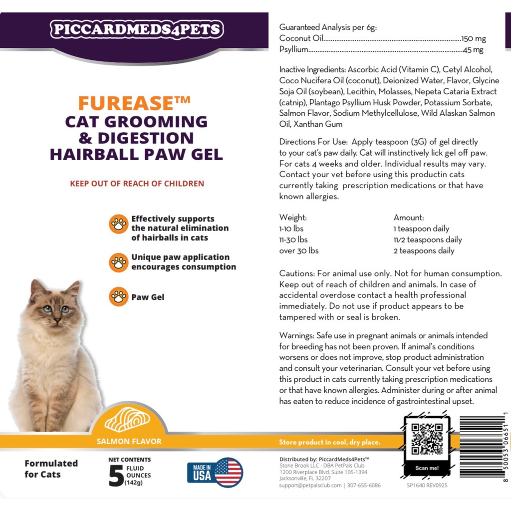 Piccardmeds4pets FurEase Cat Grooming & Digestion Hairball Paw Gel 5 oz.