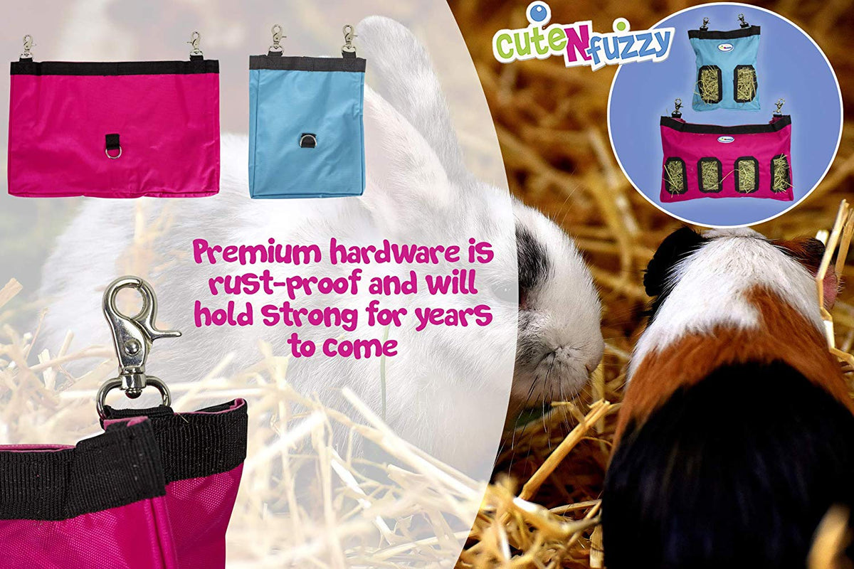 CuteNfuzzy 4-Opening Hay Bag for Rabbits, Guinea Pigs & Chinchillas, Medium Hanging Hay Feeder, 18" x 11" x 1.5", Helps Reduce Hay Waste & Cage Mess, 6-Month Warranty