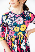 Midnight Floral 3/4 Sleeve Pocket Twirl Dress