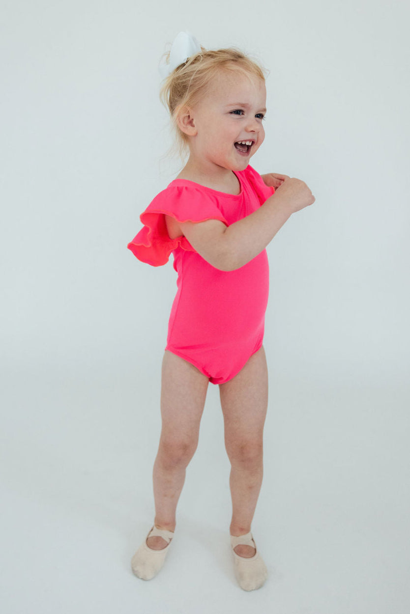 Neon Pink S/S Flutter Sleeve Leotard