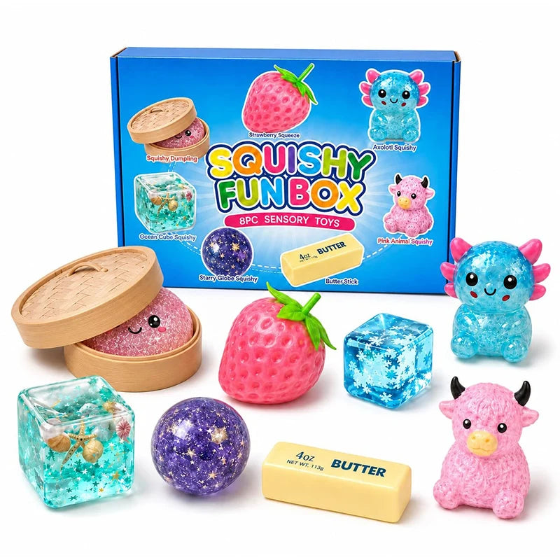 Squishy Fun Box Sensory Set Maltose Stress Relief Squishies Cute Animal & Food Shaped Desktop Decor For Anxiety Relief & Gifting