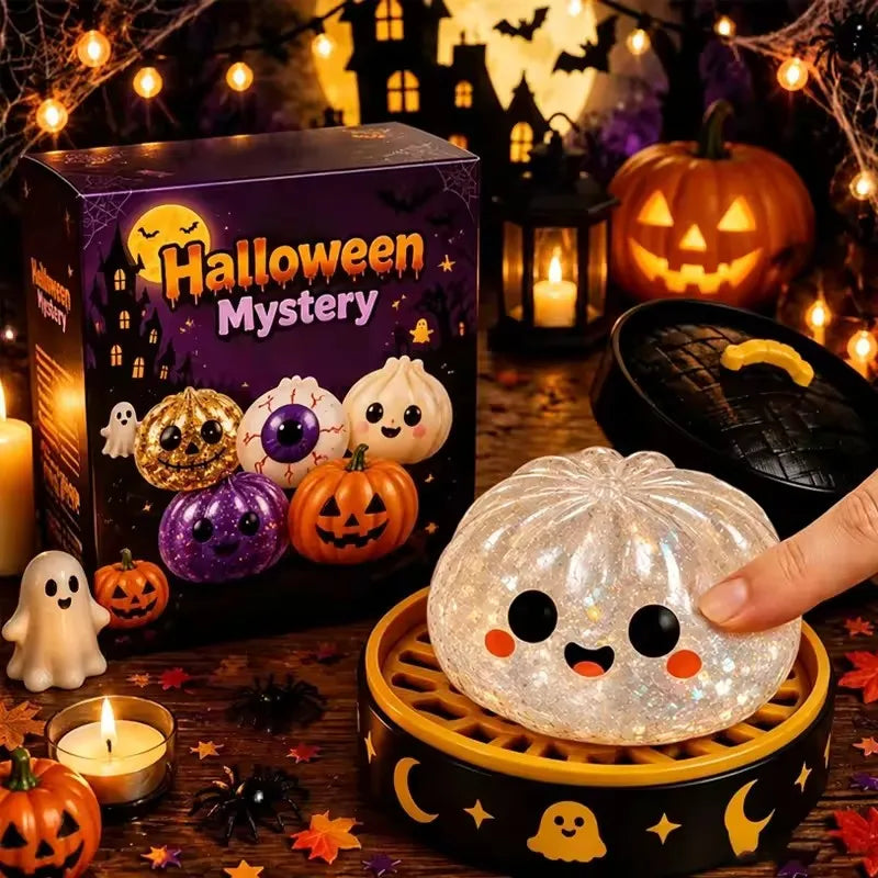 New Halloween Ghost DumplingsToy Soft Slow Resilience Squishy Toy Fidget with Steamer Steamed Stuffed Bun Squishy Pinch Le