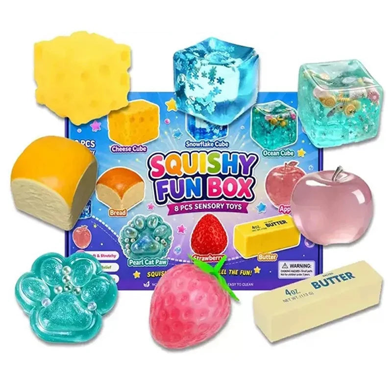Squishy Fun Box Sensory Set Maltose Stress Relief Squishies Cute Animal & Food Shaped Desktop Decor For Anxiety Relief & Gifting
