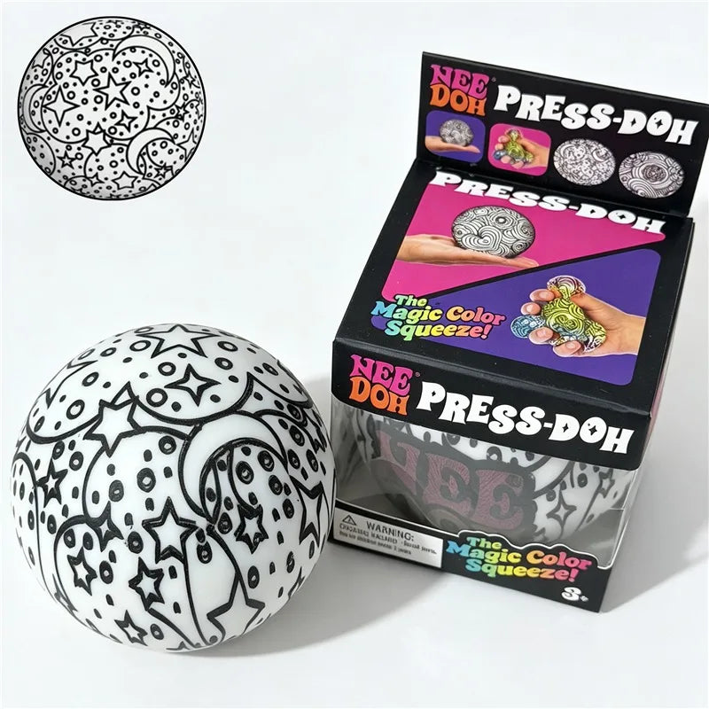 Needoh Press-Doh Flour Filling Color Changing Squeeze Round Squishy Ball Soft Doodle Pattern Stress Relief Sensory Fidget Toy