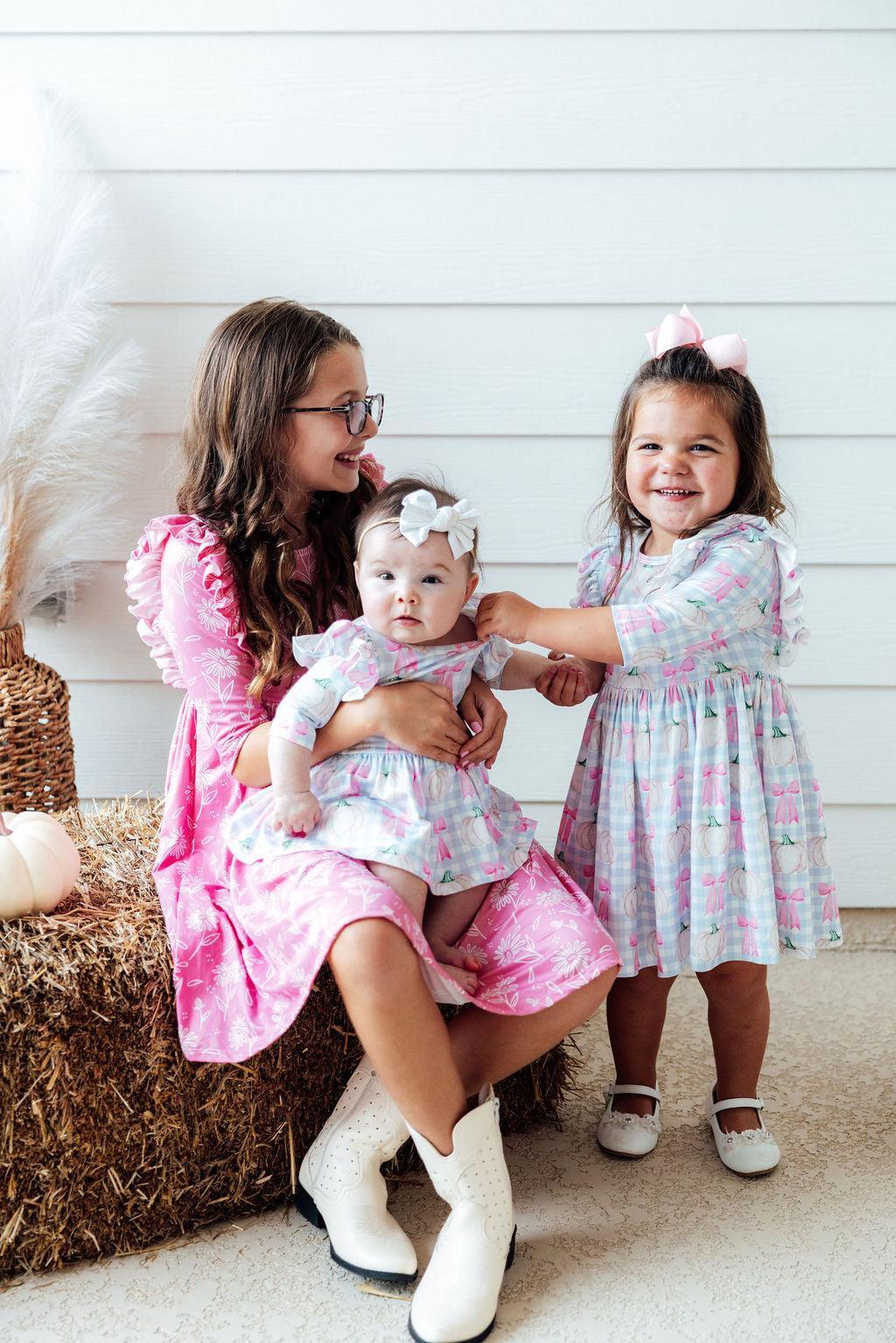 SALE Pumpkin Picnic 3/4 Sleeve Ruffle Twirl Dress