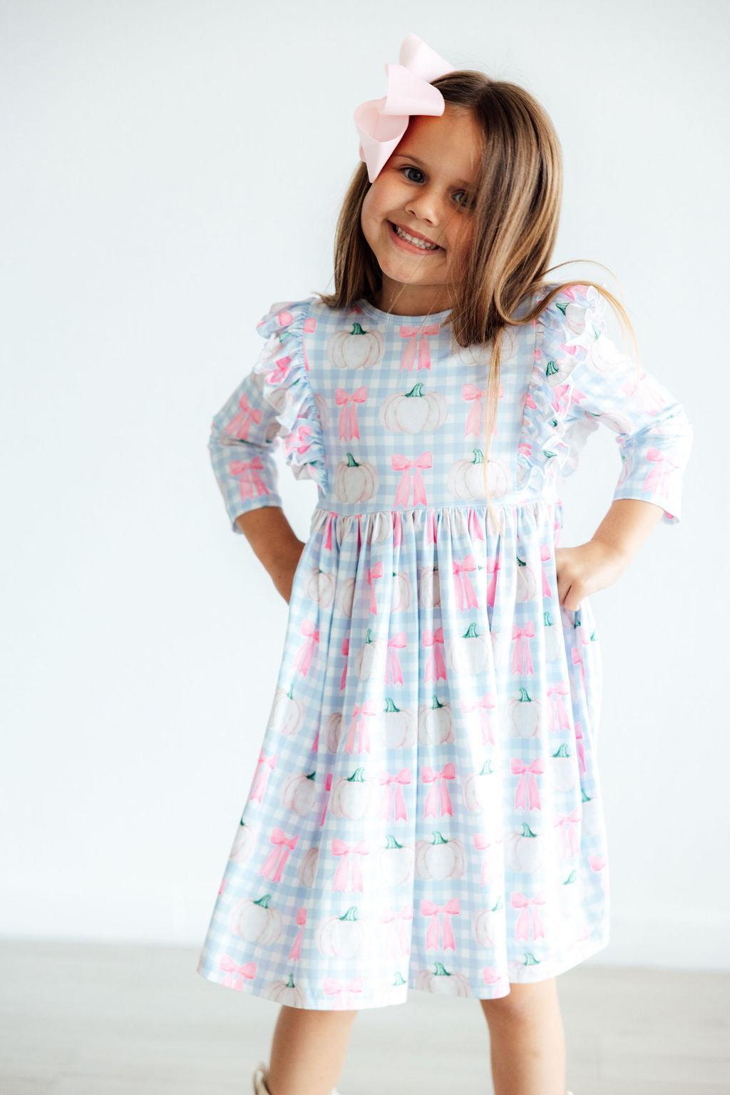 SALE Pumpkin Picnic 3/4 Sleeve Ruffle Twirl Dress