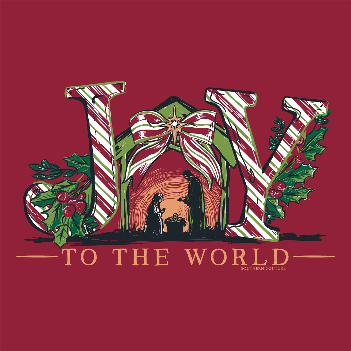 Joy Nativity Front Print on Cardinal Southern Couture Soft Long Sleeve Tee