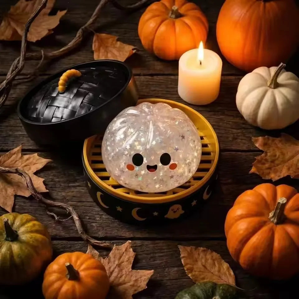 New Halloween Ghost DumplingsToy Soft Slow Resilience Squishy Toy Fidget with Steamer Steamed Stuffed Bun Squishy Pinch Le