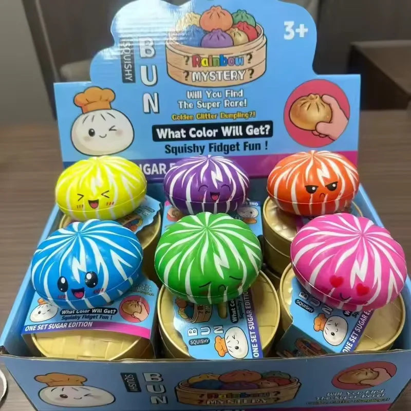 Simulation Food Squishies Bun with Steamer Soft Fidget Sensory Ornaments Colorful Dumpling Squishes Stress Balls Desk Ornaments