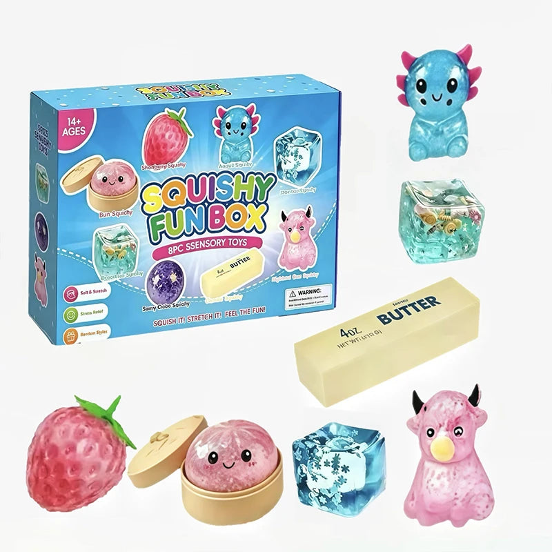Squishy Fun Box Sensory Set Maltose Stress Relief Squishies Cute Animal & Food Shaped Desktop Decor For Anxiety Relief & Gifting