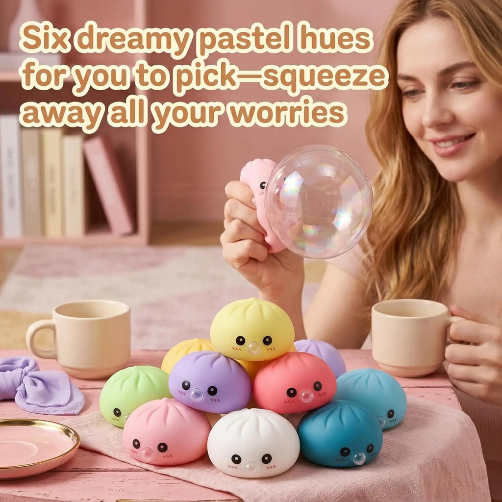 Dumpling Squishies Blow Bubbles Toy Dumpling Squishies Set with Steamer New Bubble-Blowing Squishies, Stretchy Fidget Sensory
