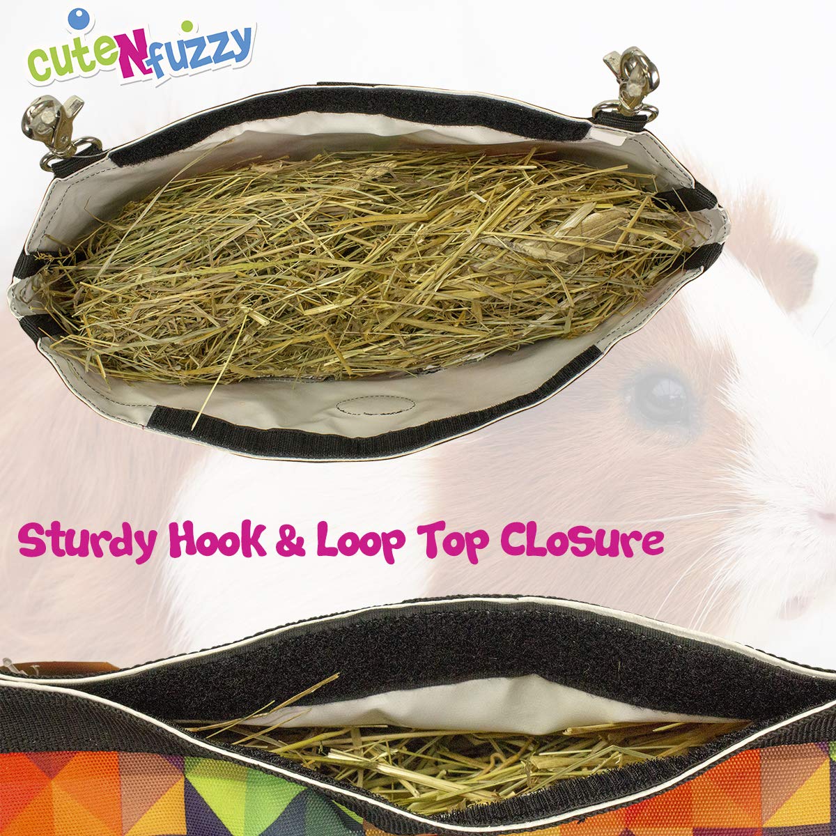 CuteNfuzzy 2-Opening Hay Bag for Rabbits, Guinea Pigs & Chinchillas, Compact Hanging Hay Feeder, 9" x 11" x 1.5", Helps Reduce Hay Waste & Cage Mess, 6-Month Warranty